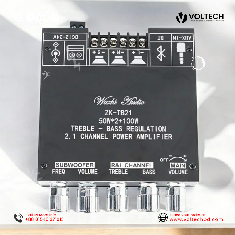 Wuzhi Audio ZK TB21 + App Hi-Fi 2.1 Bluetooth Amplifier (50W+50W Stereo + 100W Sub) – Voltech Electronics