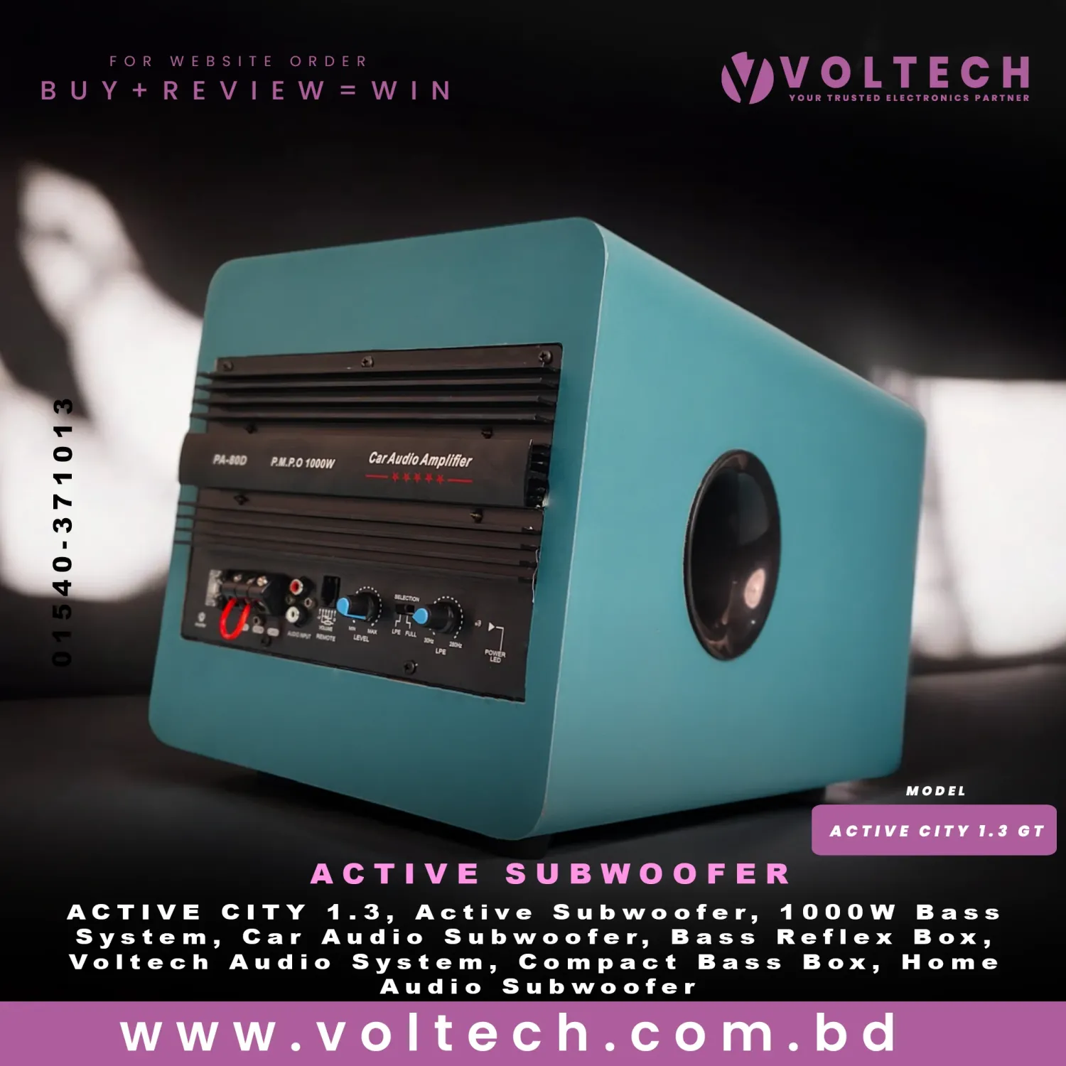 Voltech ACTIVE CITY 1.3 Active Subwoofer | 1000W Bass Reflex Car & Home Audio Subwoofer System