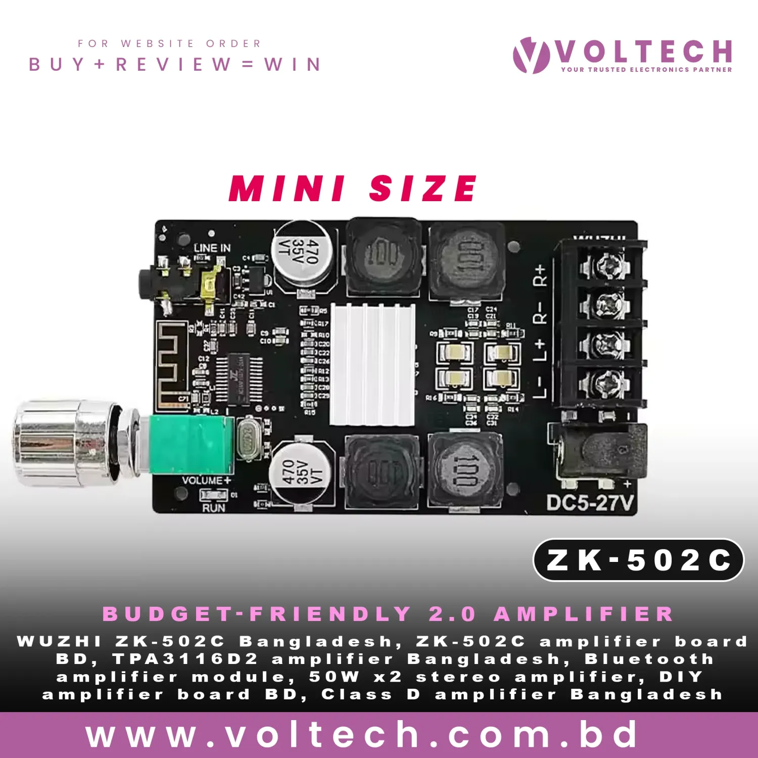WUZHI Audio ZK-502C Mini Bluetooth 5.0 Stereo Amplifier Board | TPA3116D2 Class D | 50W × 2 | AUX & Bluetooth | DC 9–24V WUZHI Audio ZK-502C Mini Bluetooth 5.0 Stereo Amplifier Board | TPA3116D2 Class D | 50W × 2 | AUX & Bluetooth | DC 9–24V