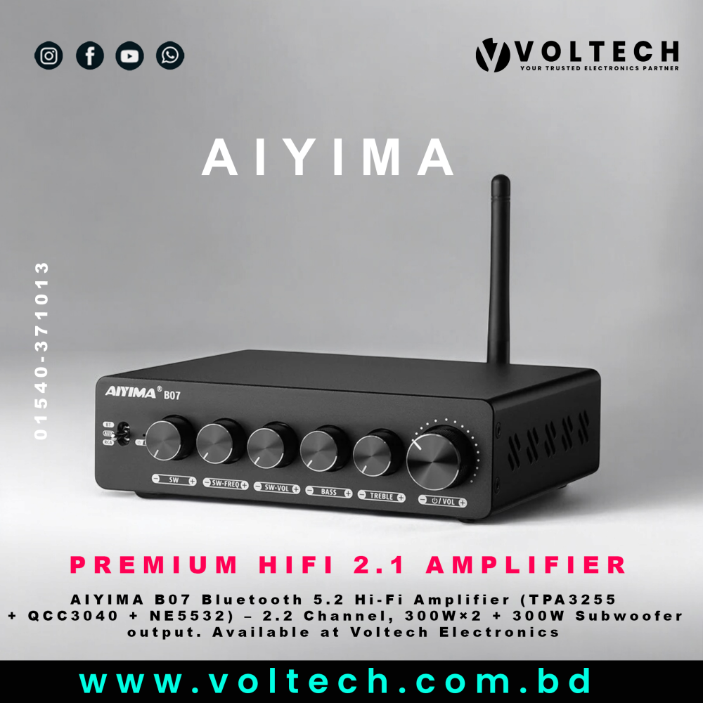 AIYIMA B07 2.1 Channel Bluetooth 5.2 Hi-Fi Power Amplifier | TPA3255 + QCC3040 + NE5532 | 300W x2 + 300W SUB