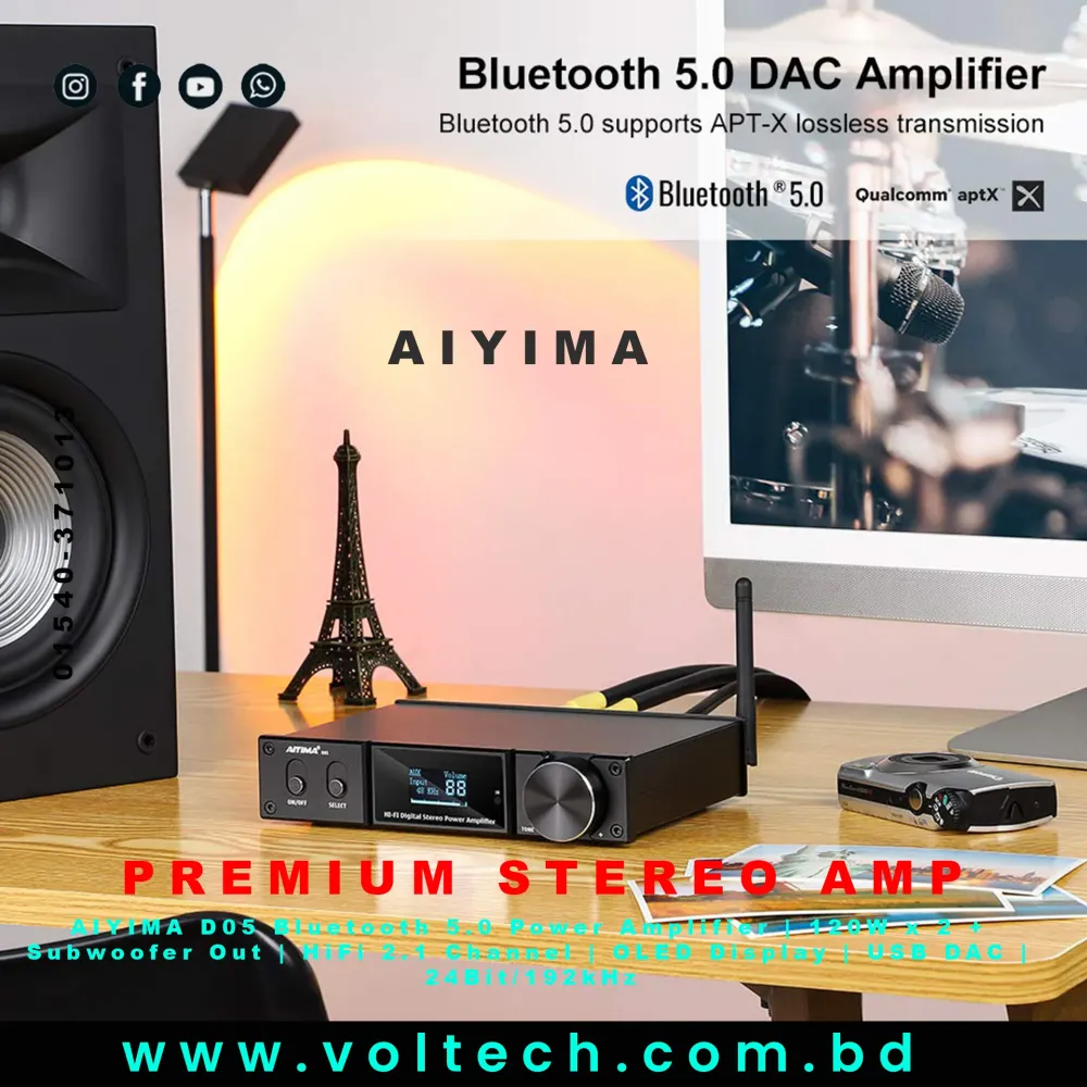 AIYIMA D05 Bluetooth 5.0 Stereo Power Amplifier – 120W×2 HiFi 2.1 Channel DAC Amp | Voltech Electronics