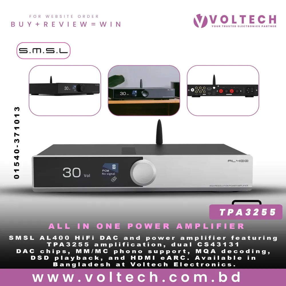 SMSL AL400 HiFi DAC & Power Amplifier | TPA3255 + Dual CS43131 | MM/MC Phono | MQA, DSD & HDMI eARC