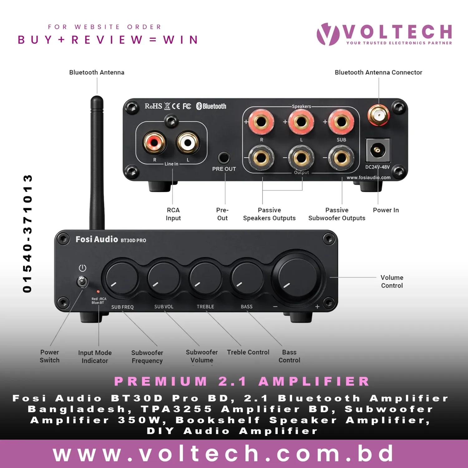 Fosi Audio BT30D Pro | 165W×2 Stereo + 350W Subwoofer | TPA3255 Class-D 2.1 Bluetooth Amplifier