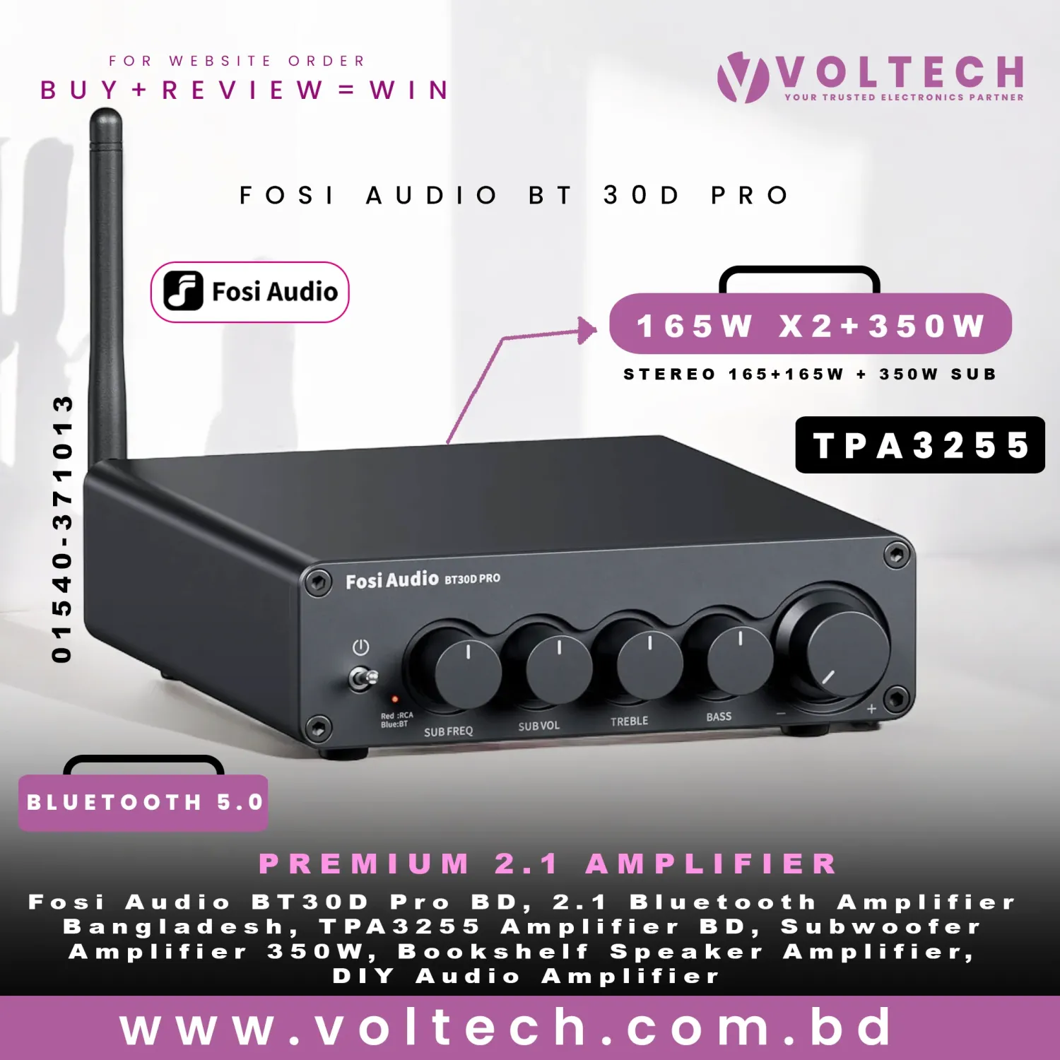 Fosi Audio BT30D Pro | 165W×2 Stereo + 350W Subwoofer | TPA3255 Class-D 2.1 Bluetooth Amplifier