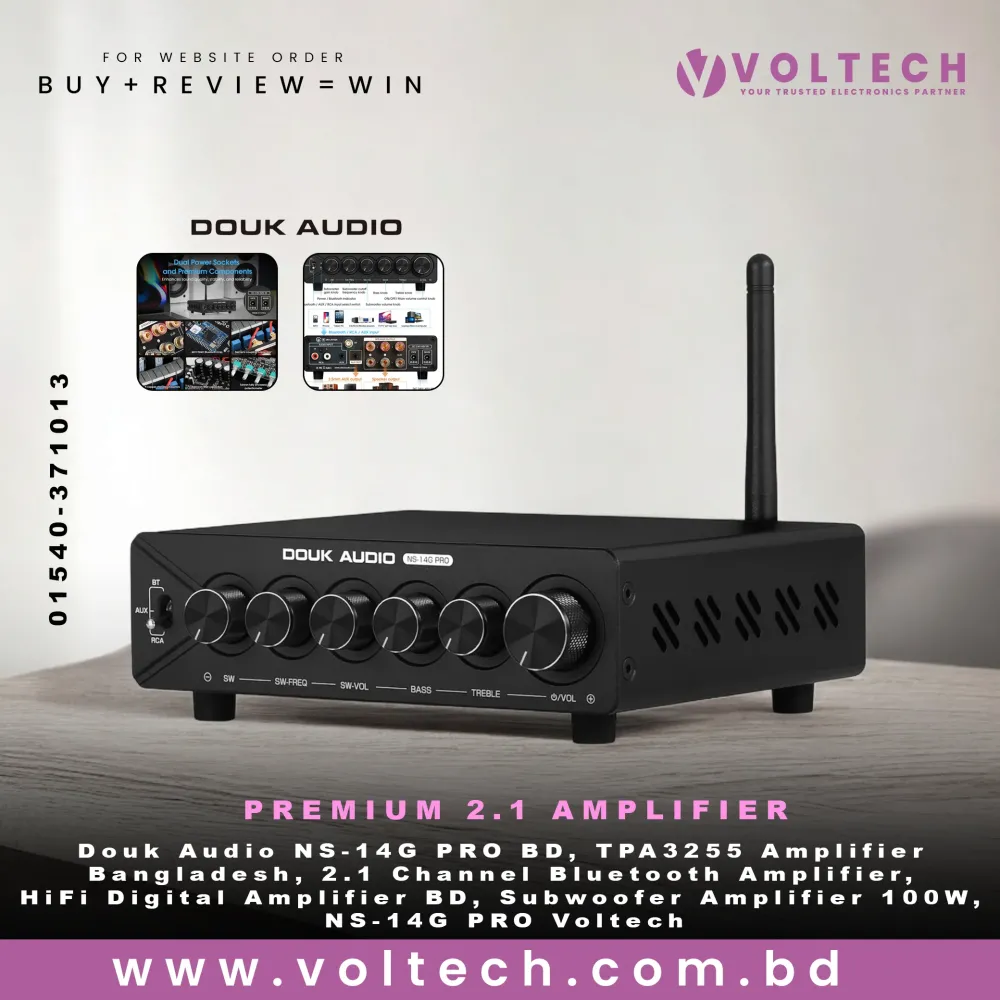 Douk Audio NS-14G PRO HiFi 2.1 Channel Bluetooth TPA3255 Digital Amplifier Subwoofer Stereo Audio Amp