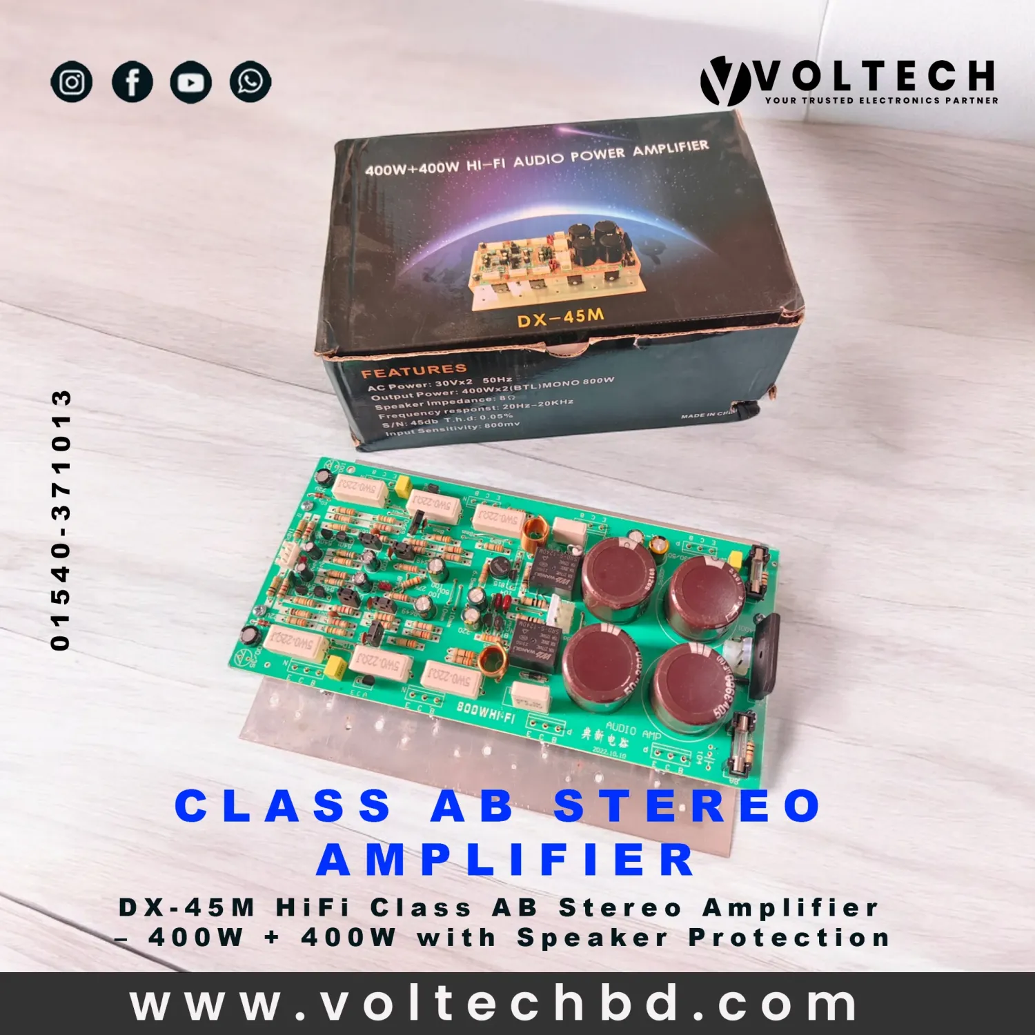 DX-45M HiFi Class AB Stereo Amplifier – 400W + 400W with Speaker Protection | Voltech Electronics