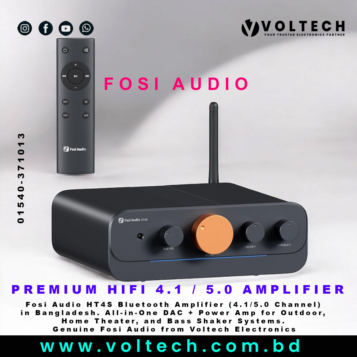 Fosi Audio HT4S | 4.1 / 5.0 Channel Bluetooth Stereo Amplifier | Optical + AUX + Bass Shaker Support | Hi-Fi Power Amp for Home Theater & Outdoor Speakers