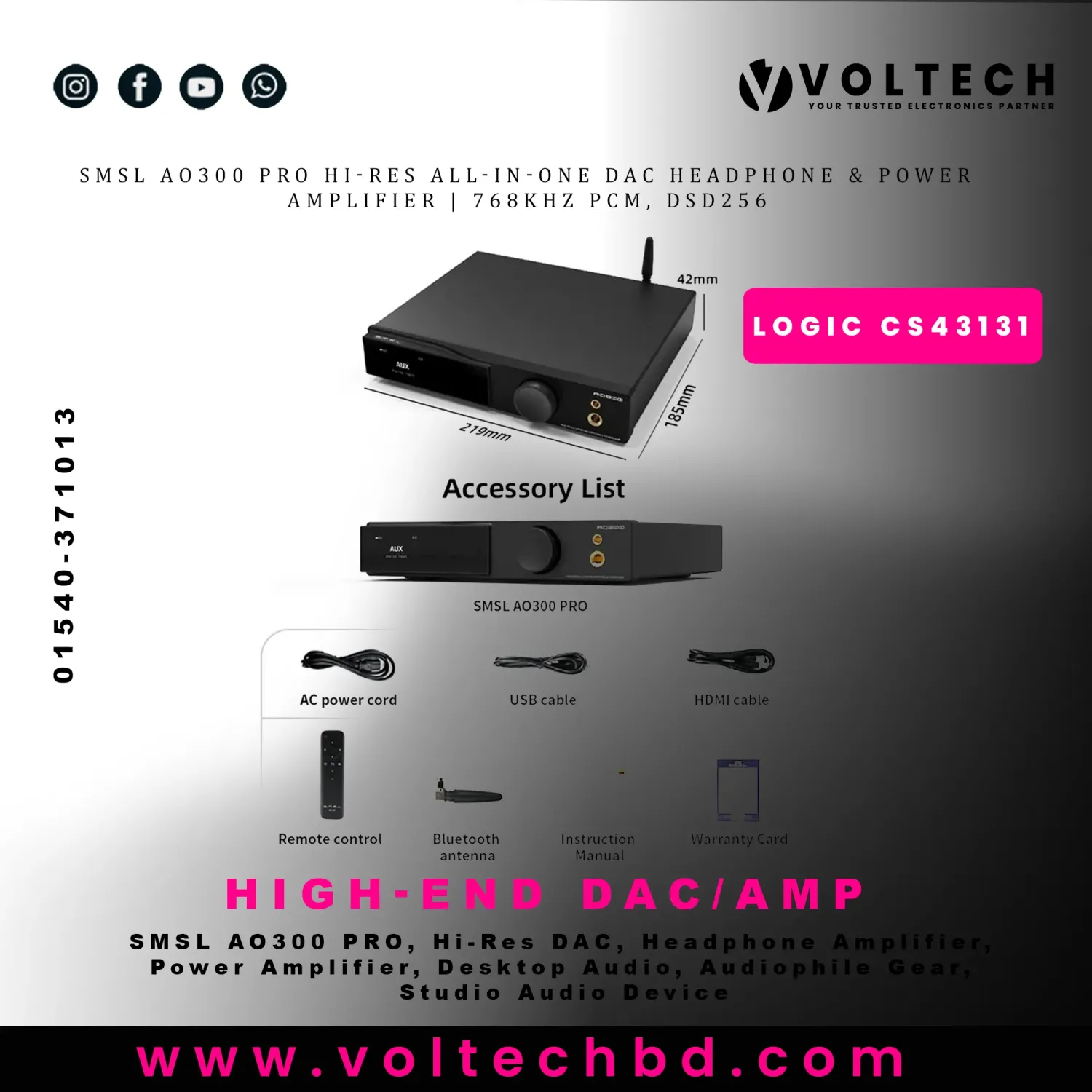 SMSL AO300 PRO Hi-Res All-in-One DAC Headphone & Power Amplifier | 768kHz PCM, DSD256