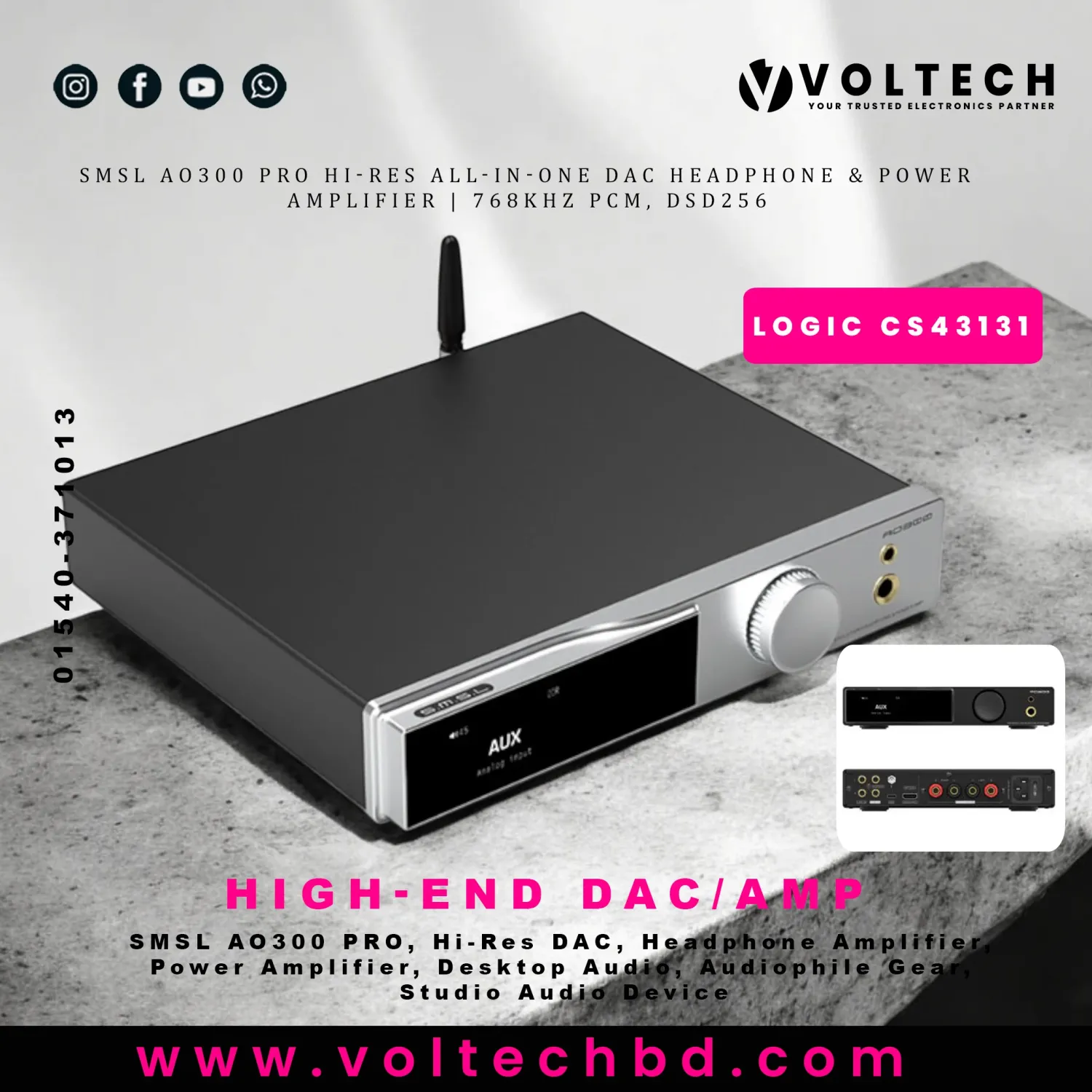 SMSL AO300 PRO Hi-Res All-in-One DAC Headphone & Power Amplifier | 768kHz PCM, DSD256