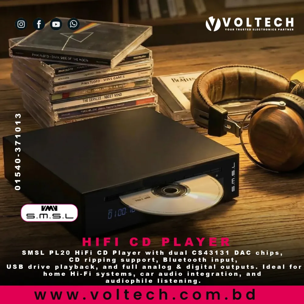 SMSL PL20 HiFi CD Player | Bluetooth CD Ripper with Dual CS43131 DAC, Balanced Output & Digital Out – Black