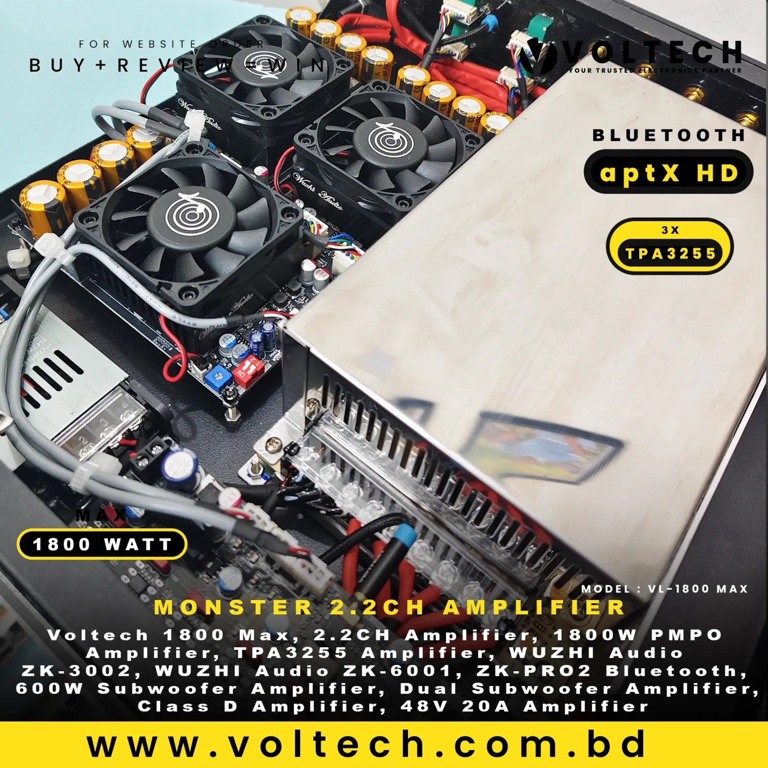 Voltech 1800 Max | 2.2CH 1800W PMPO Class-D Monster Audio Amplifier | TPA3255 Stereo + Dual 600W Subwoofer Voltech 1800 Max | 2.2CH 1800W PMPO Class-D Monster Audio Amplifier | TPA3255 Stereo + Dual 600W Subwoofer