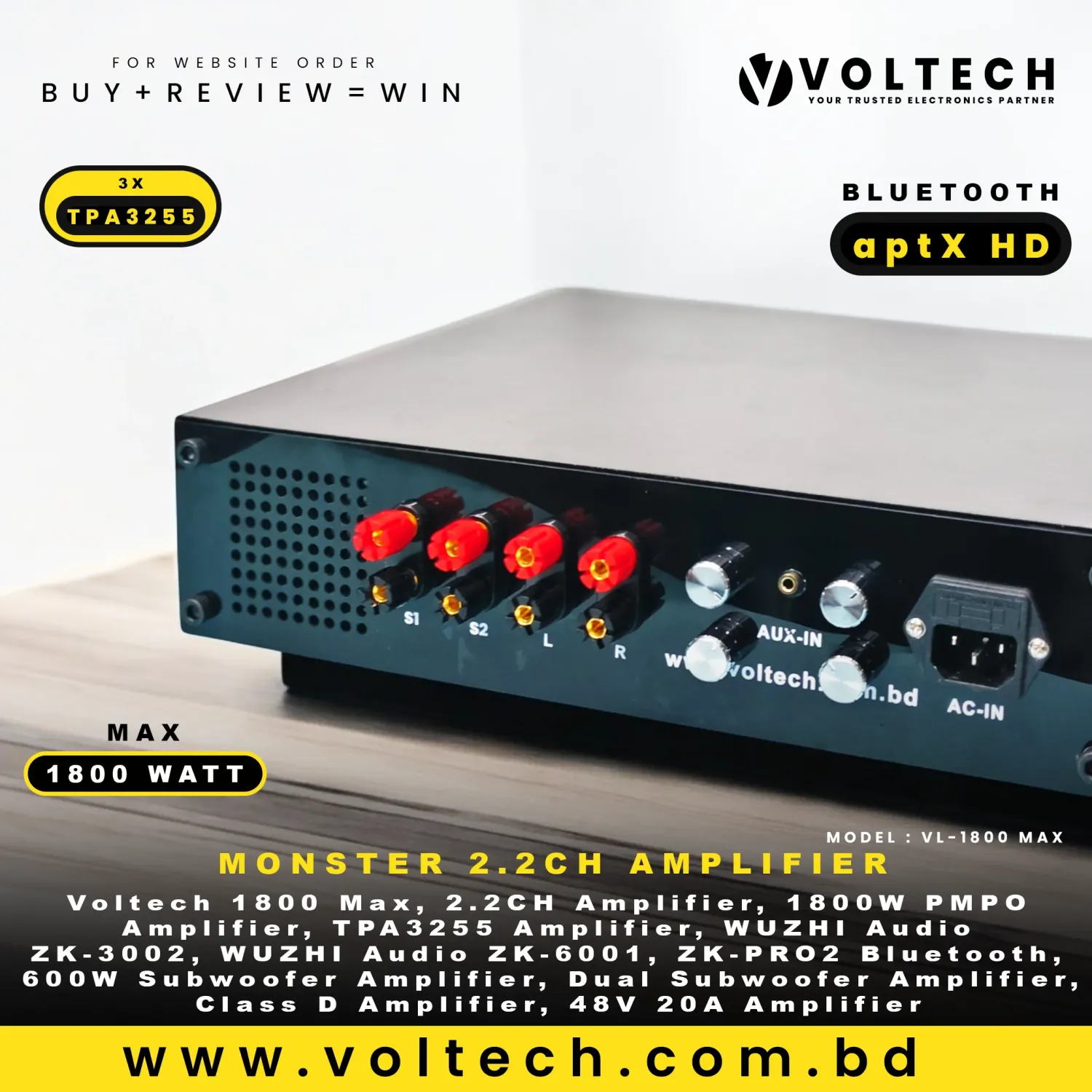 Voltech 1800 Max | 2.2CH 1800W PMPO Class-D Monster Audio Amplifier | TPA3255 Stereo + Dual 600W Subwoofer Voltech 1800 Max | 2.2CH 1800W PMPO Class-D Monster Audio Amplifier | TPA3255 Stereo + Dual 600W Subwoofer