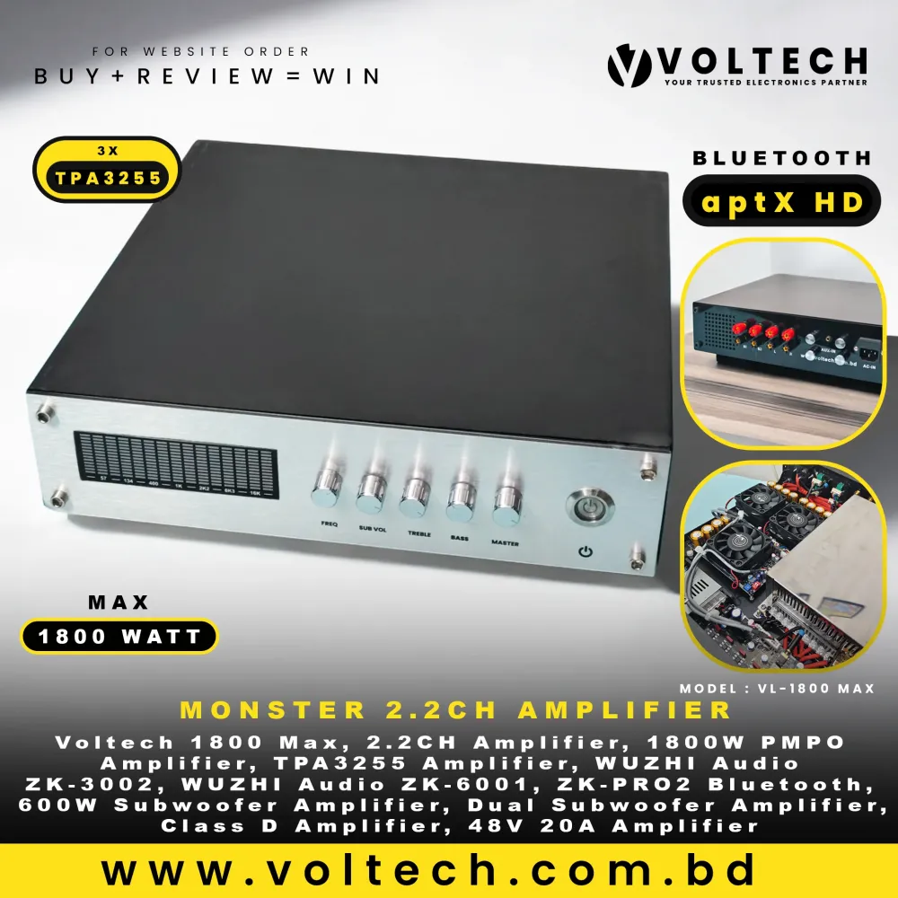 Voltech 1800 Max | 2.2CH 1800W PMPO Class-D Monster Audio Amplifier | TPA3255 Stereo + Dual 600W Subwoofer