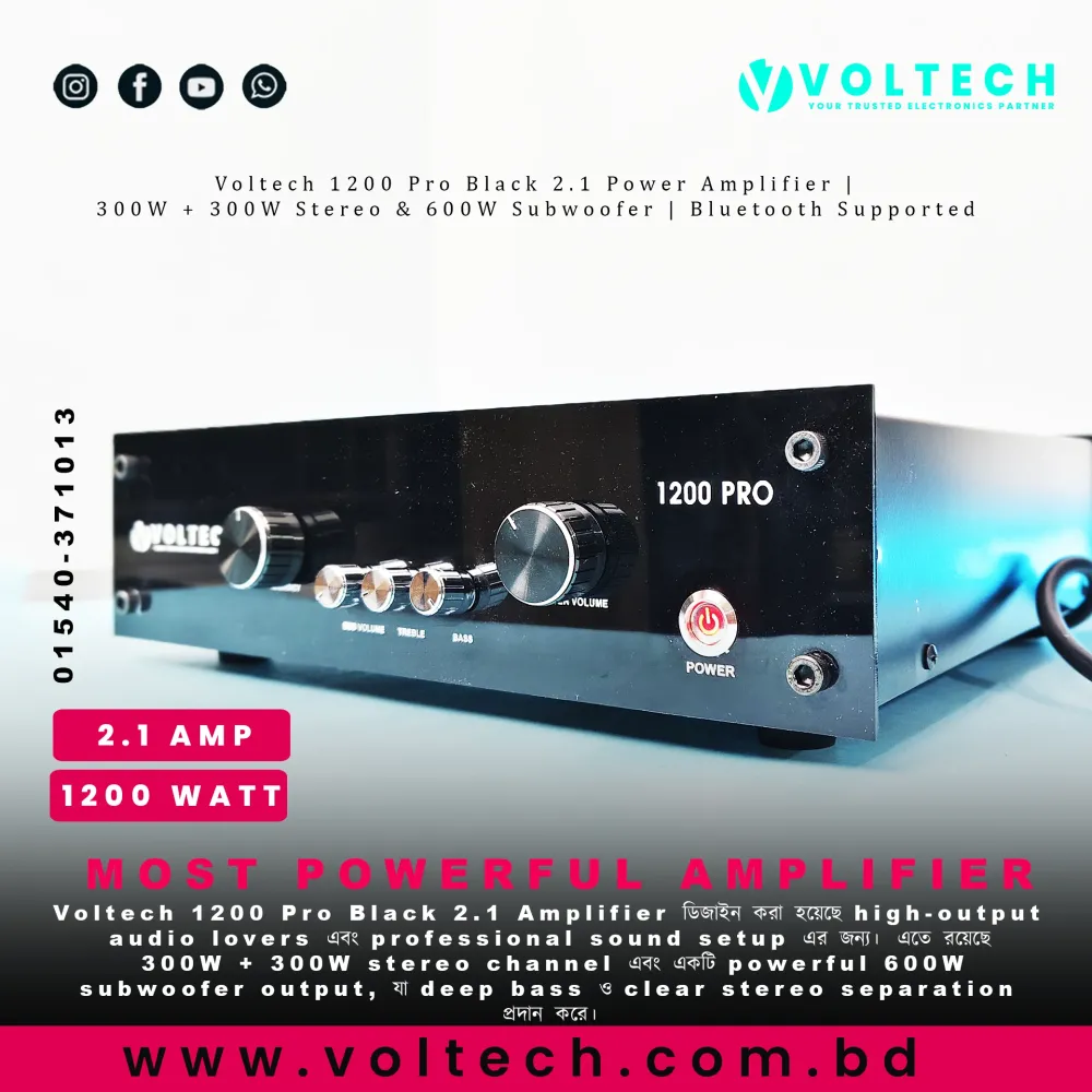 Voltech 1200 Pro Black 2.1 Power Amplifier | 300W + 300W Stereo & 600W Subwoofer | Bluetooth Supported