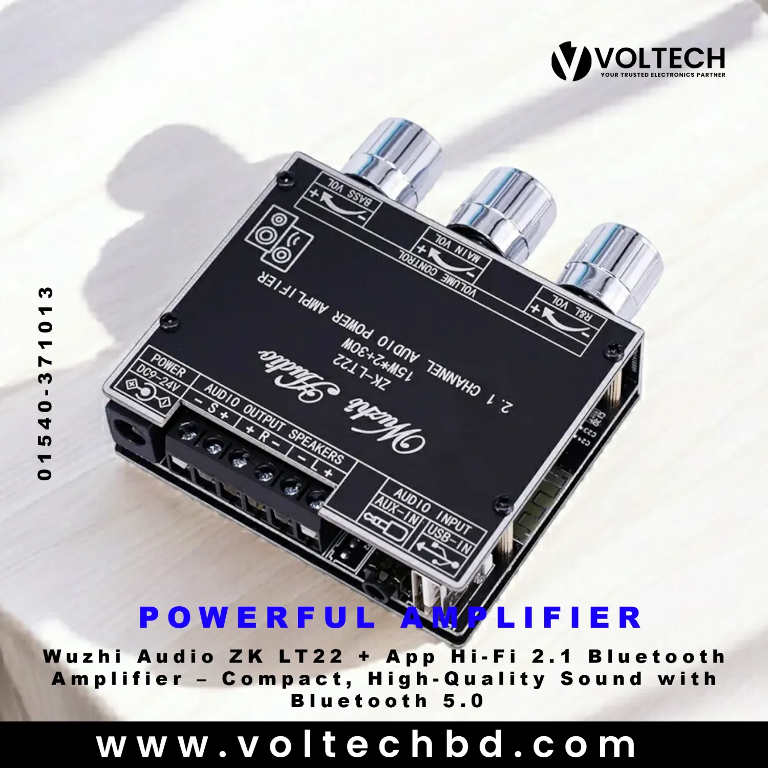 Wuzhi Audio ZK LT22 + App Hi-Fi 2.1 Bluetooth Amplifier – 15W + 15W Stereo + 30W Sub | Voltech Electronics