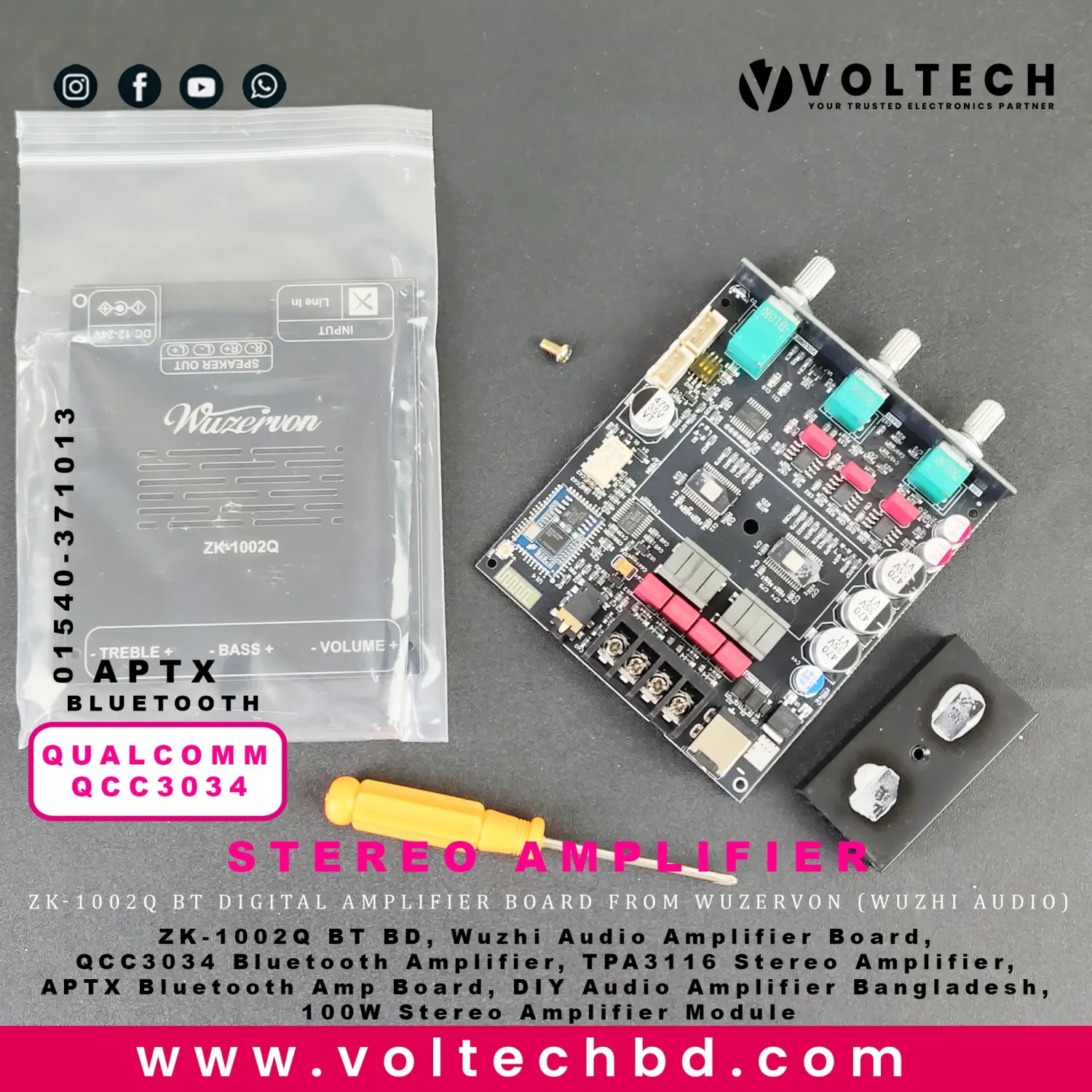 ZK-1002Q BT Digital Amplifier Board – Qualcomm QCC3034 + TPA3116 | 2.0 Channel APTX Lossless 100W+100W (DC 12–24V) | WUZERVON (WUZHI AUDIO)
