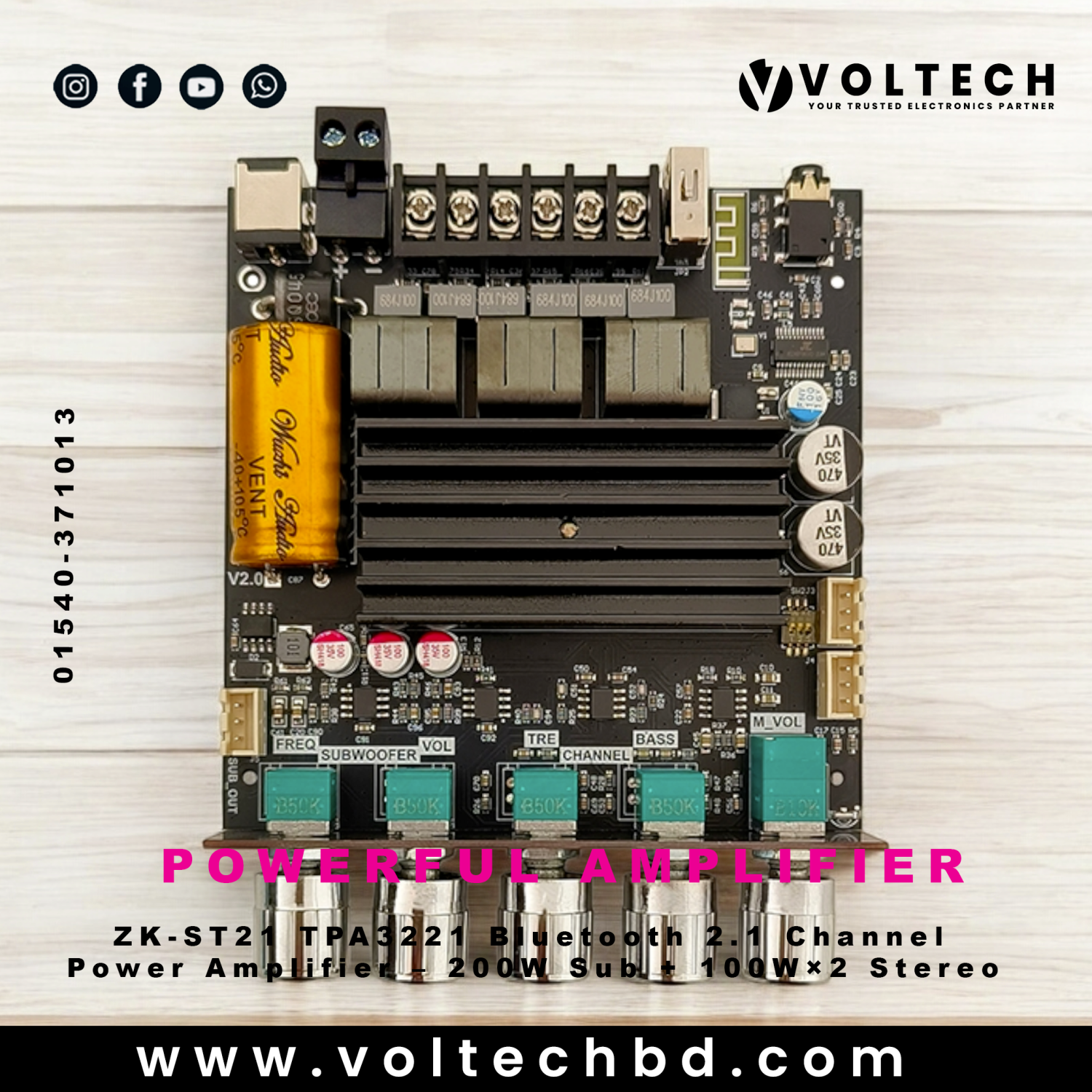 ZK-ST21 Bluetooth Digital Amplifier Board – 2.1 Channel 100W + 100W + 200W Subwoofer (TPA3221)