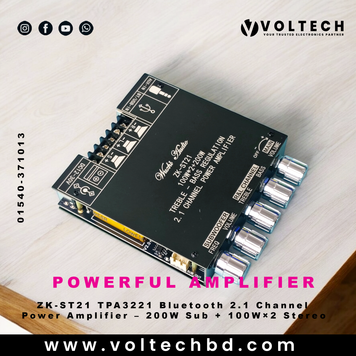 ZK-ST21 Bluetooth Digital Amplifier Board – 2.1 Channel 100W + 100W + 200W Subwoofer (TPA3221)