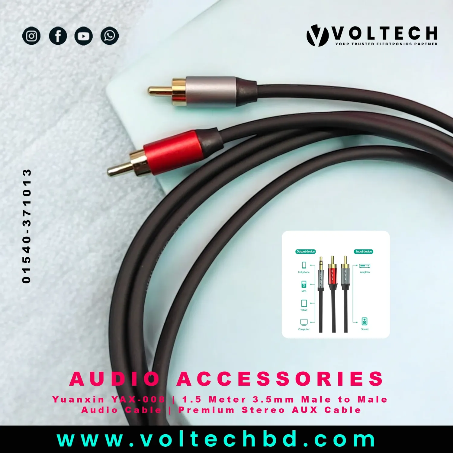 Yuanxin YAX-008 | 1.5 Meter 3.5mm Male to RCA Audio Cable | Premium Stereo AUX Cable | Voltech Electronics