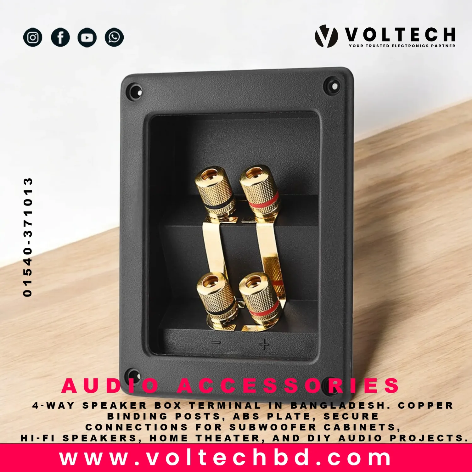 4-Way Speaker Box Terminal | 4 Copper Binding Post Connector | Subwoofer & Speaker Enclosure Plug
