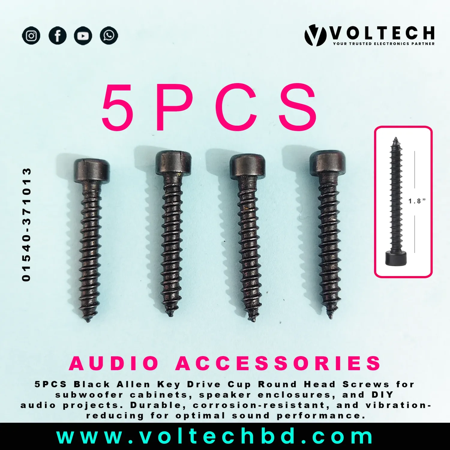 5PCS Black Allen Key Drive Cup Round Head Screws | 1.8-Inch | Subwoofer Cabinet & Speaker Enclosure Fasteners