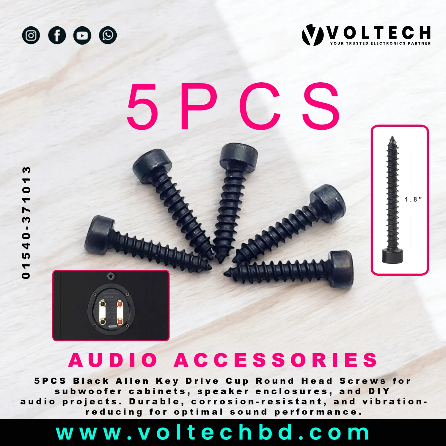 5PCS Black Allen Key Drive Cup Round Head Screws | 1.8-Inch | Subwoofer Cabinet & Speaker Enclosure Fasteners