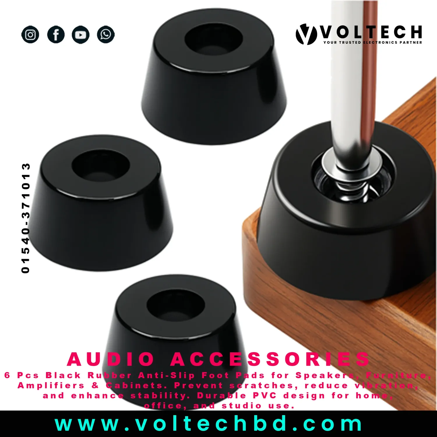6 Pcs Black Protective Pad for Subwoofer Cabinets | Tapered PVC Rubber Non-Slip Feet | Anti-Vibration Speaker Support