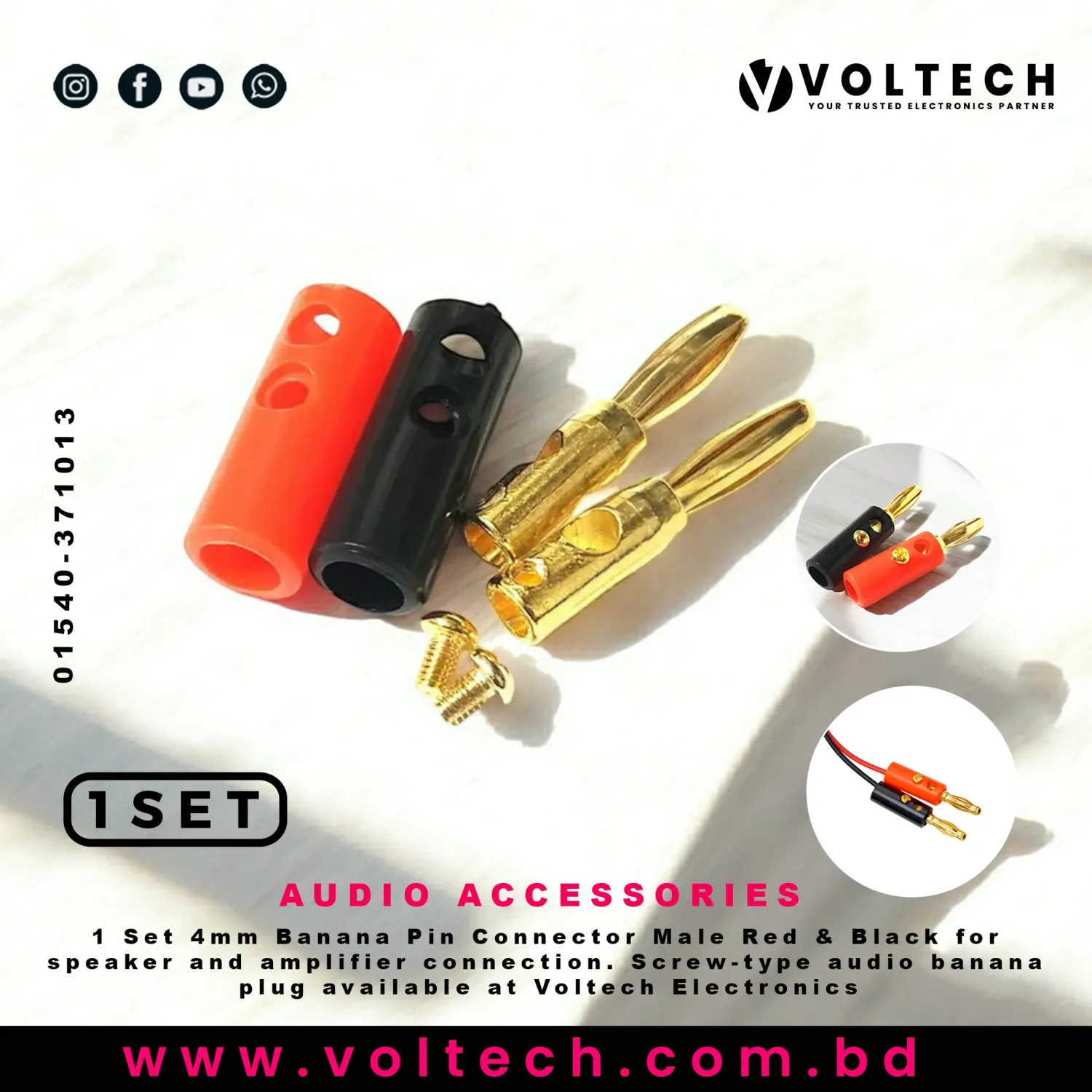 Banana Pin Connector Male 4mm Red & Black | Audio Banana Speaker Plug Screw-Type – Voltech Electronics