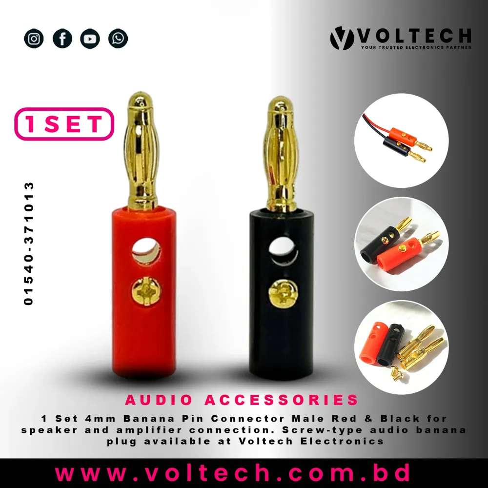 Banana Pin Connector Male 4mm Red & Black | Audio Banana Speaker Plug Screw-Type – Voltech Electronics