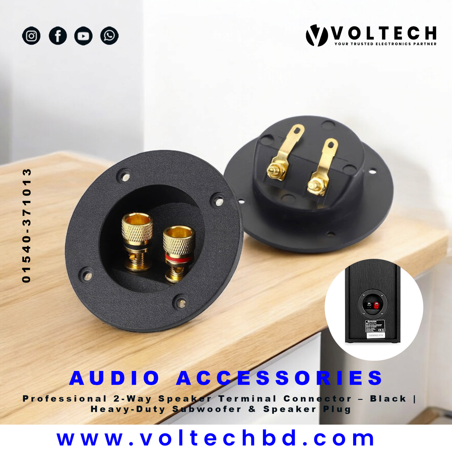 Professional 2-Way Speaker Terminal Connector – Black | Heavy-Duty Subwoofer & Speaker Plug | Voltech Electronics