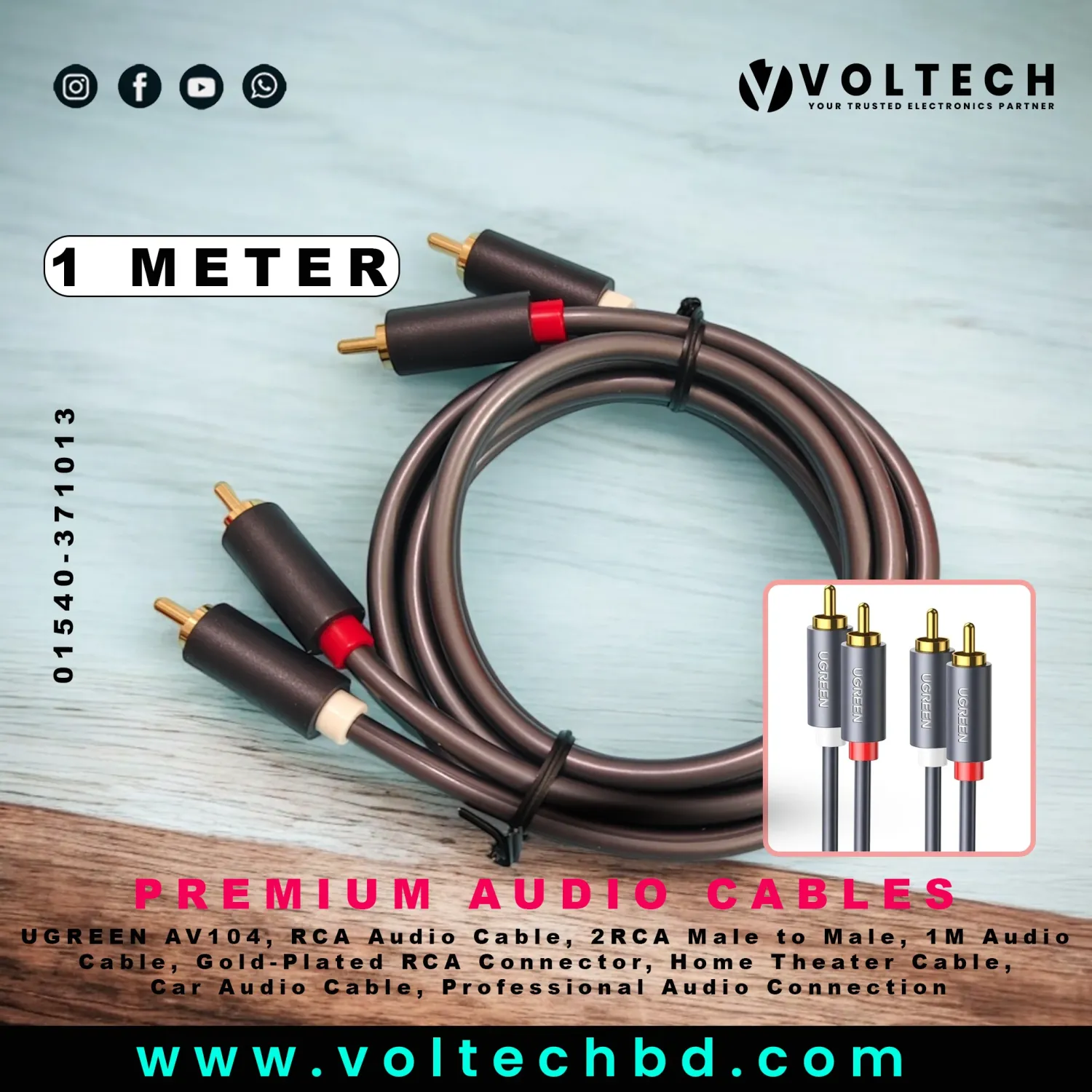 UGREEN AV104 2RCA Male to Male Audio Cable – 1 Meter, Black | High-Quality RCA Connector