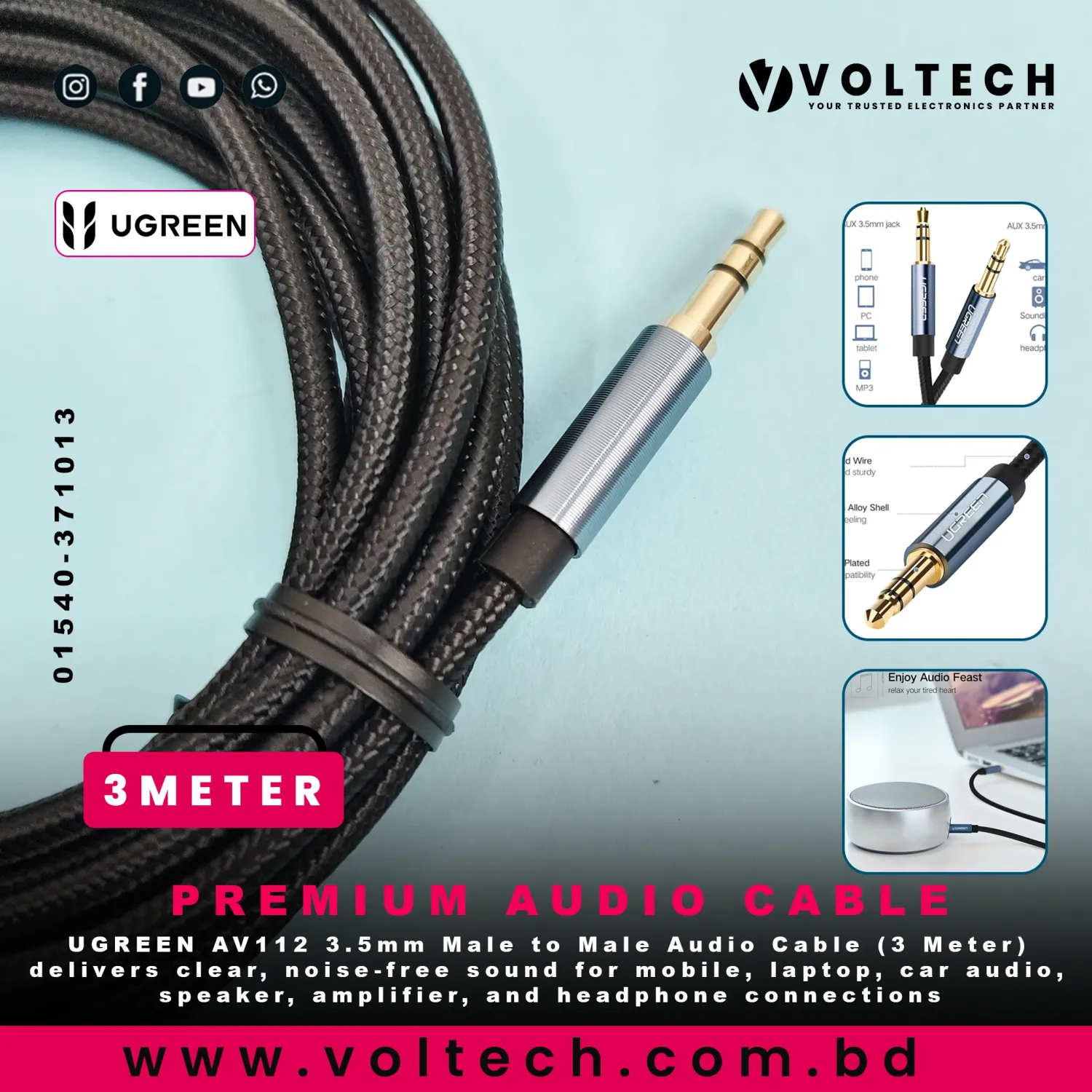 UGREEN AV112 3.5mm Male to Male Audio Cable | 3 Meter AUX Cable – Voltech Electronics