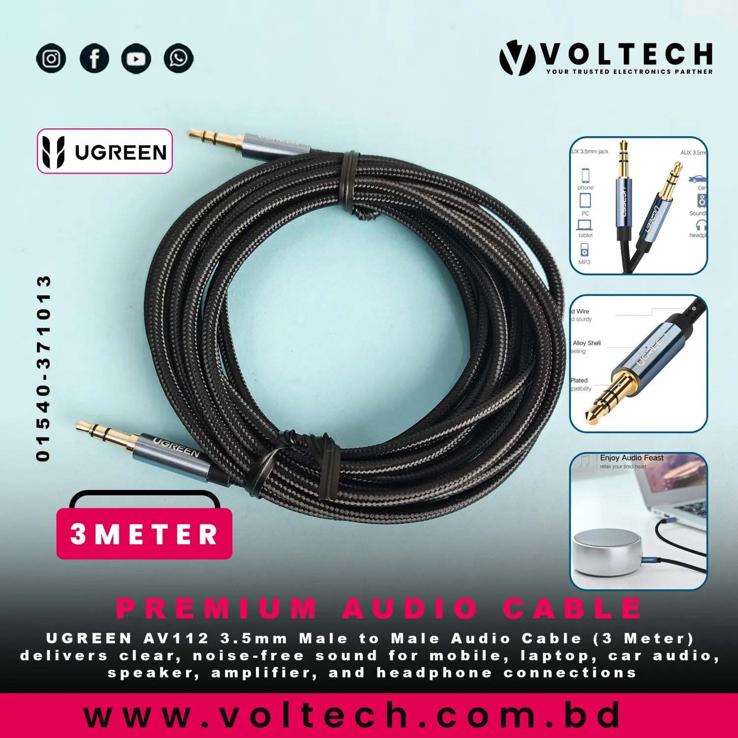 UGREEN AV112 3.5mm Male to Male Audio Cable | 3 Meter AUX Cable – Voltech Electronics