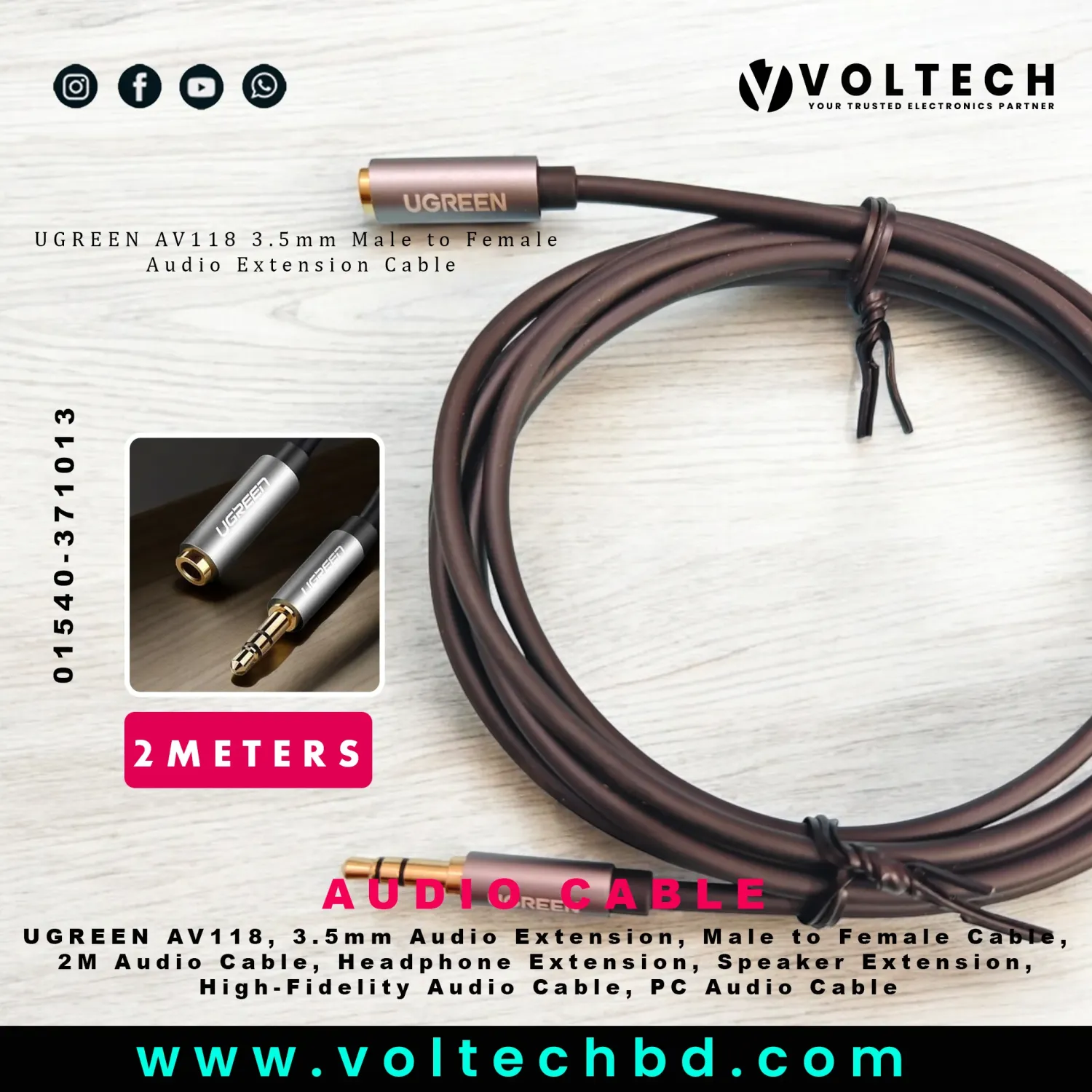 UGREEN AV118 3.5mm Male to Female Extension Audio Cable – 2M, Black | High-Quality Audio Extension