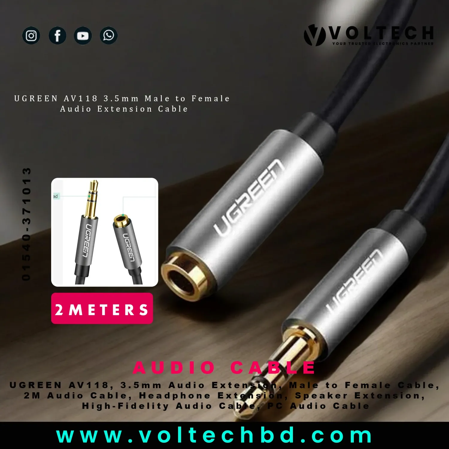 UGREEN AV118 3.5mm Male to Female Extension Audio Cable – 2M, Black | High-Quality Audio Extension