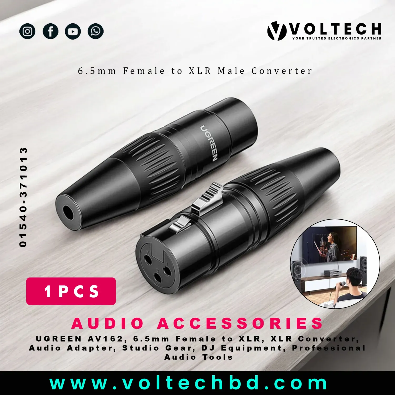 UGREEN AV162 6.5mm Female to Cannon XLR Male Converter | High-Quality Audio Adapter