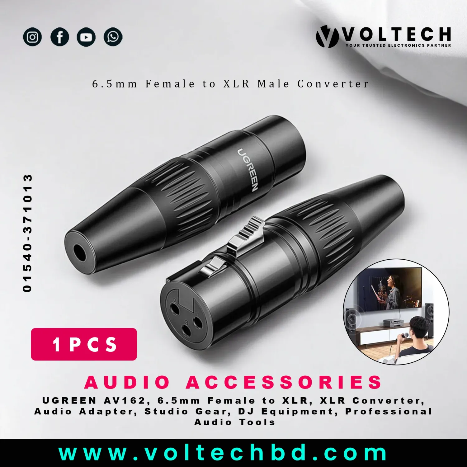 UGREEN AV162 6.5mm Female to Cannon XLR Male Converter | High-Quality Audio Adapter