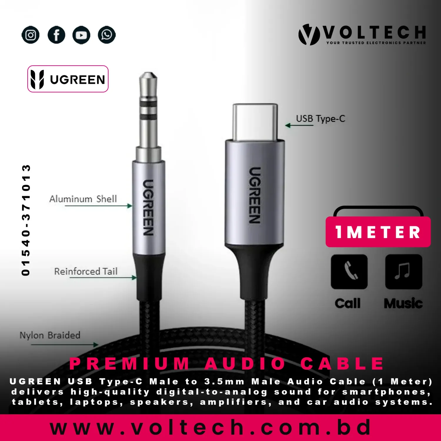 UGREEN USB Type-C Male to 3.5mm Male Audio Cable | 1 Meter Black – Voltech Electronics