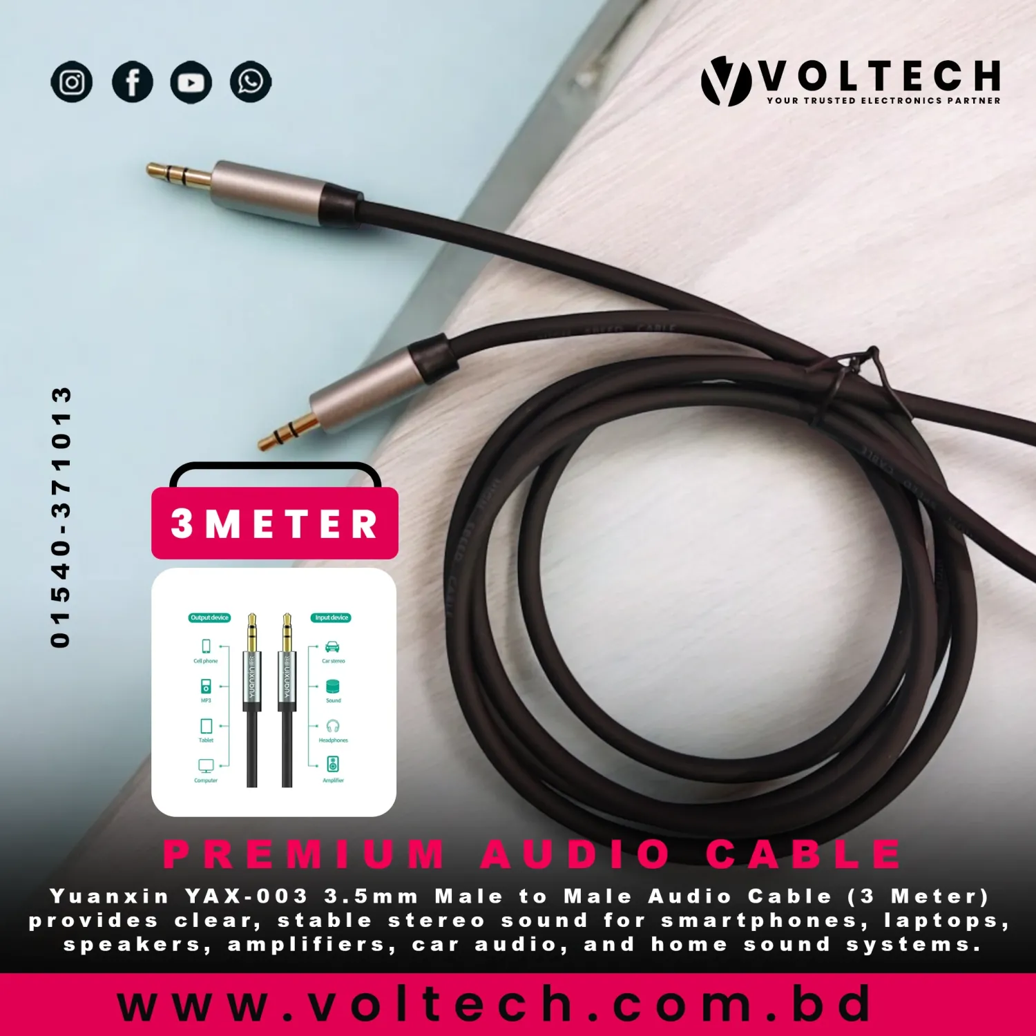 Yuanxin YAX-003 3.5mm Male to Male Audio Cable | 3 Meter Black – Voltech Electronics