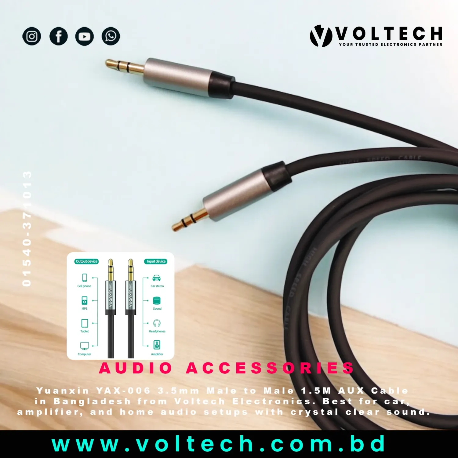 Yuanxin YAX-006 3.5mm Male to Male 1.5M AUX Cable | Premium Audio Cable