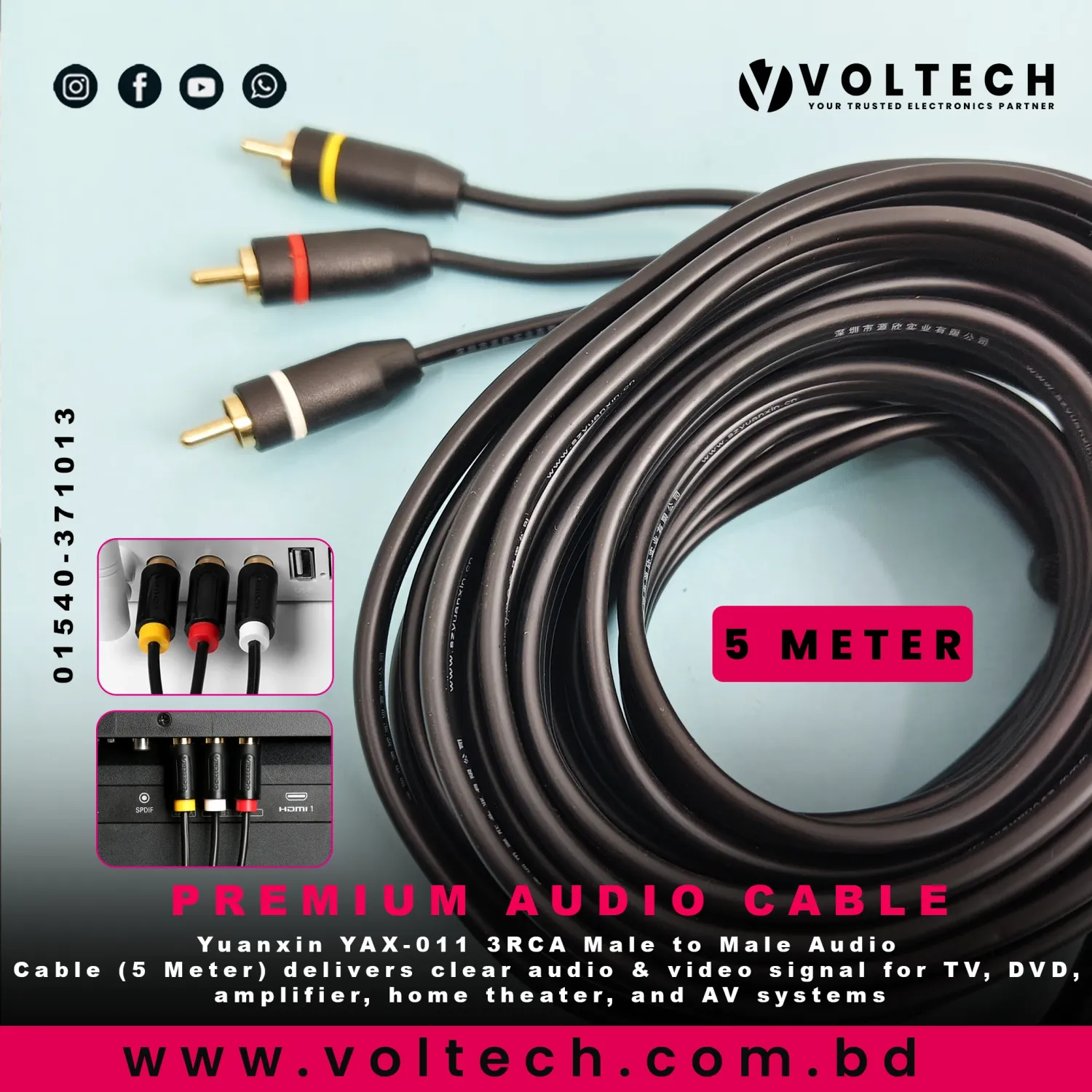 Yuanxin YAX-011 3RCA Male to Male Audio Cable | 5 Meter Black AV Cable – Voltech Electronics