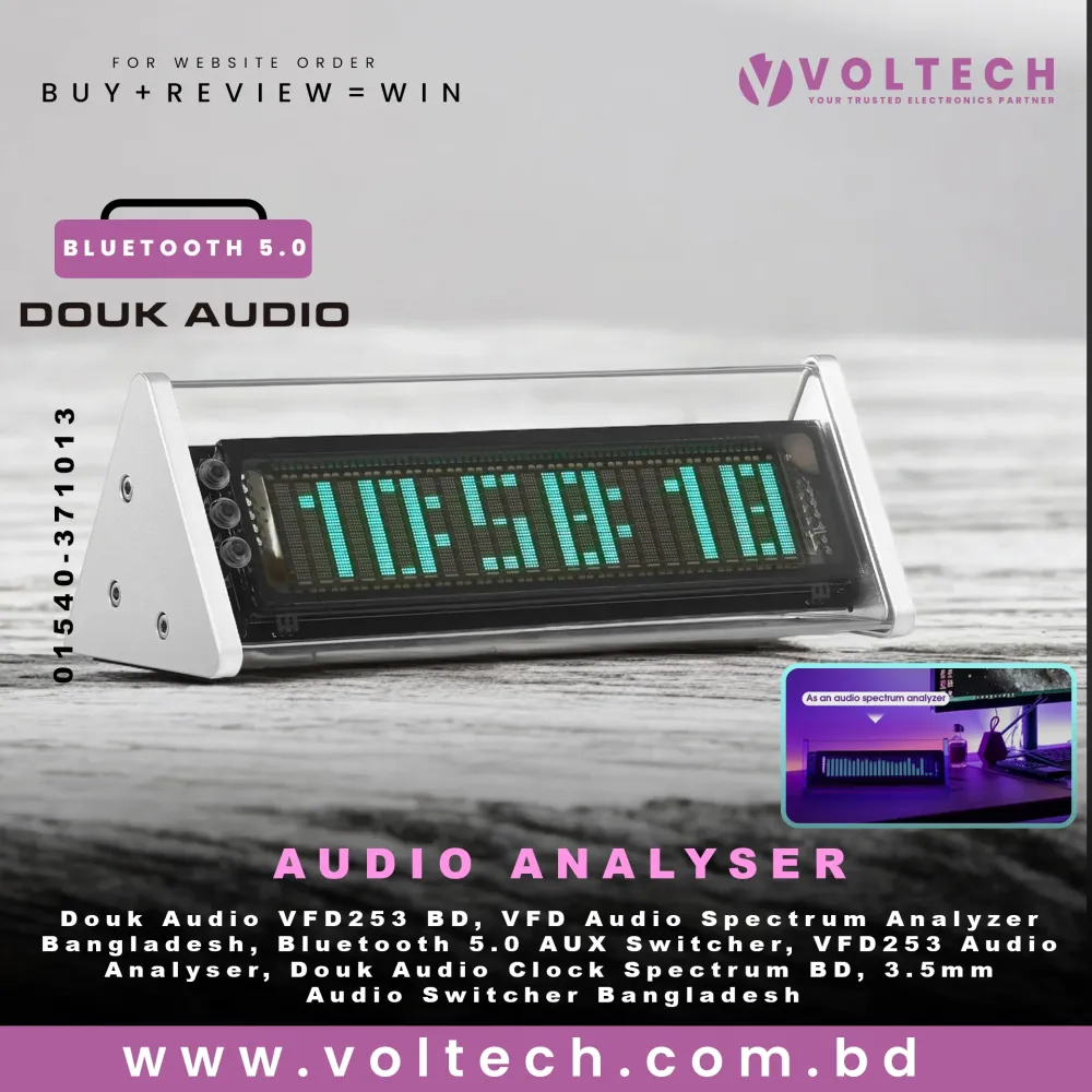 Douk Audio VFD253 3.5mm AUX Switcher Box VFD Audio Analyser Bluetooth 5.0 Receiver Home Desk Clock