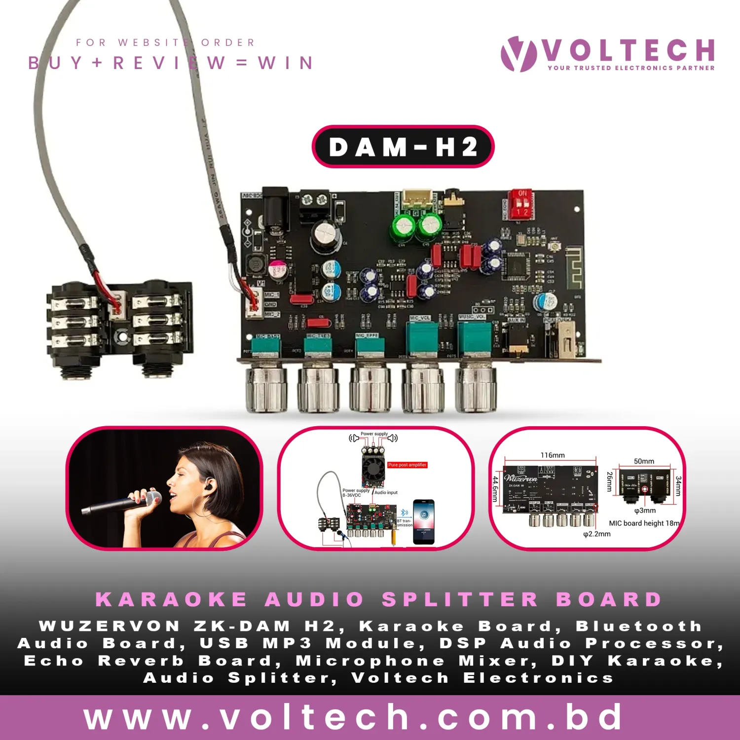WUZERVON ZK-DAM H2 Karaoke Audio Splitter Board | Bluetooth 5.0 | USB MP3 | Dual Microphone | DSP Echo & Reverb Audio Mixer WUZERVON ZK-DAM H2 Karaoke Audio Splitter Board | Bluetooth 5.0 | USB MP3 | Dual Microphone | DSP Echo & Reverb Audio Mixer