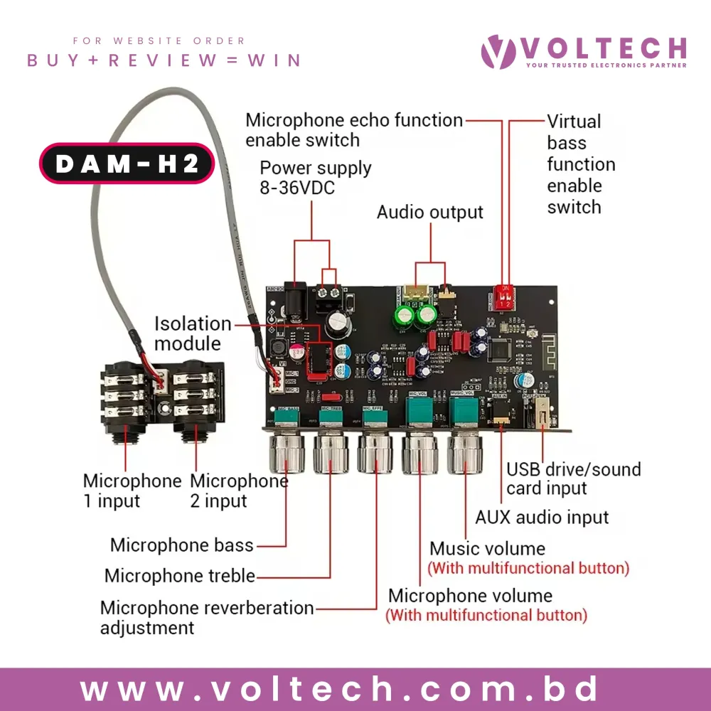 WUZERVON ZK-DAM H2 Karaoke Audio Splitter Board | Bluetooth 5.0 | USB MP3 | Dual Microphone | DSP Echo & Reverb Audio Mixer