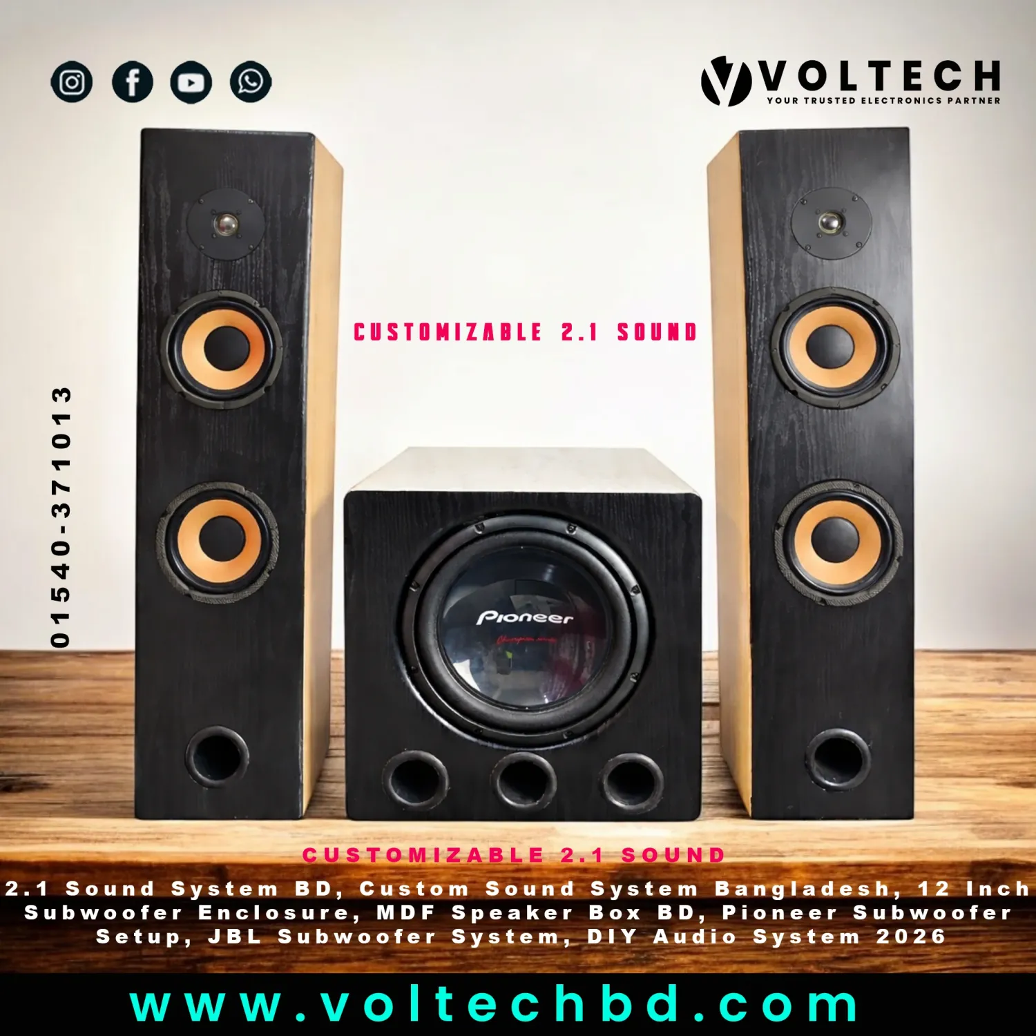 Customizable 2.1 Sound System Setup | 12" Subwoofer + Stereo / Tower Speakers | Voltech Electronics