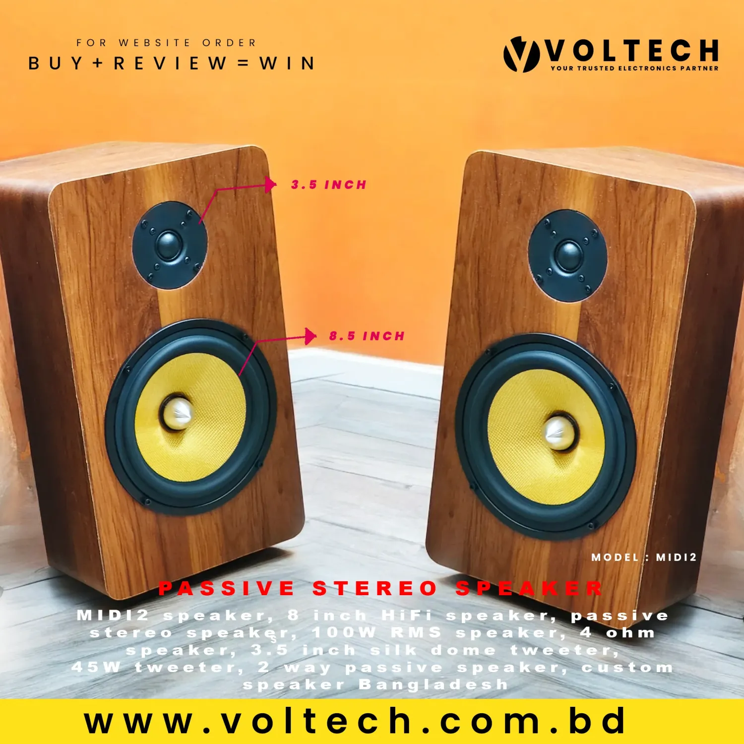 VOLTECH MIDI 2 | 8 Inch HiFi Passive Stereo Speakers ( 285 W RMS 4Ω ) Custom Speaker System VOLTECH MIDI 2 | 8 Inch HiFi Passive Stereo Speakers ( 285 W RMS 4Ω ) Custom Speaker System