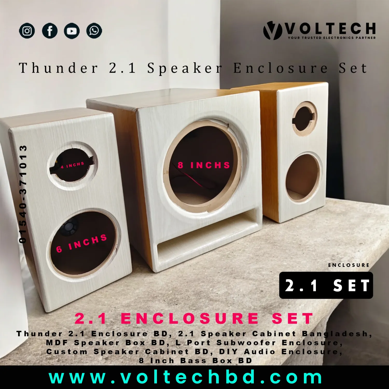 Thunder 2.1 Speaker Enclosure Set – 12mm MDF Stereo & Bass Cabinet with L-Port | Custom Audio Box Design