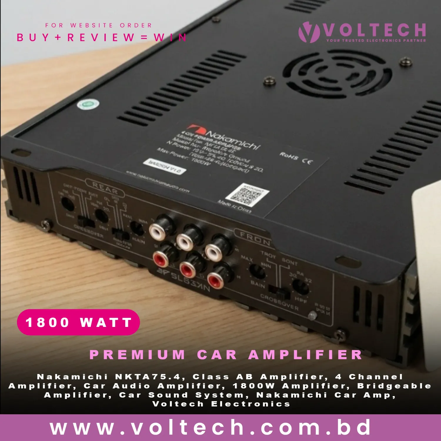 Nakamichi NKTA75.4 1800W Class AB 4-Channel Car Amplifier | 75W×4 RMS | Bridgeable High Performance