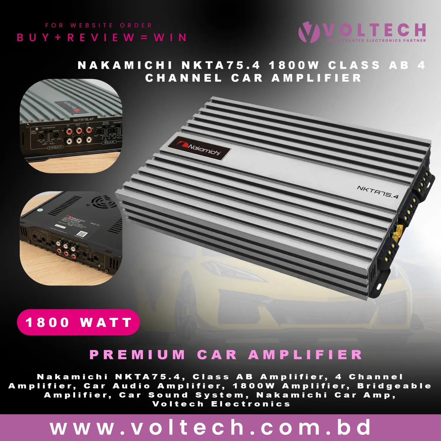 Nakamichi NKTA75.4 1800W Class AB 4-Channel Car Amplifier | 75W×4 RMS | Bridgeable High Performance