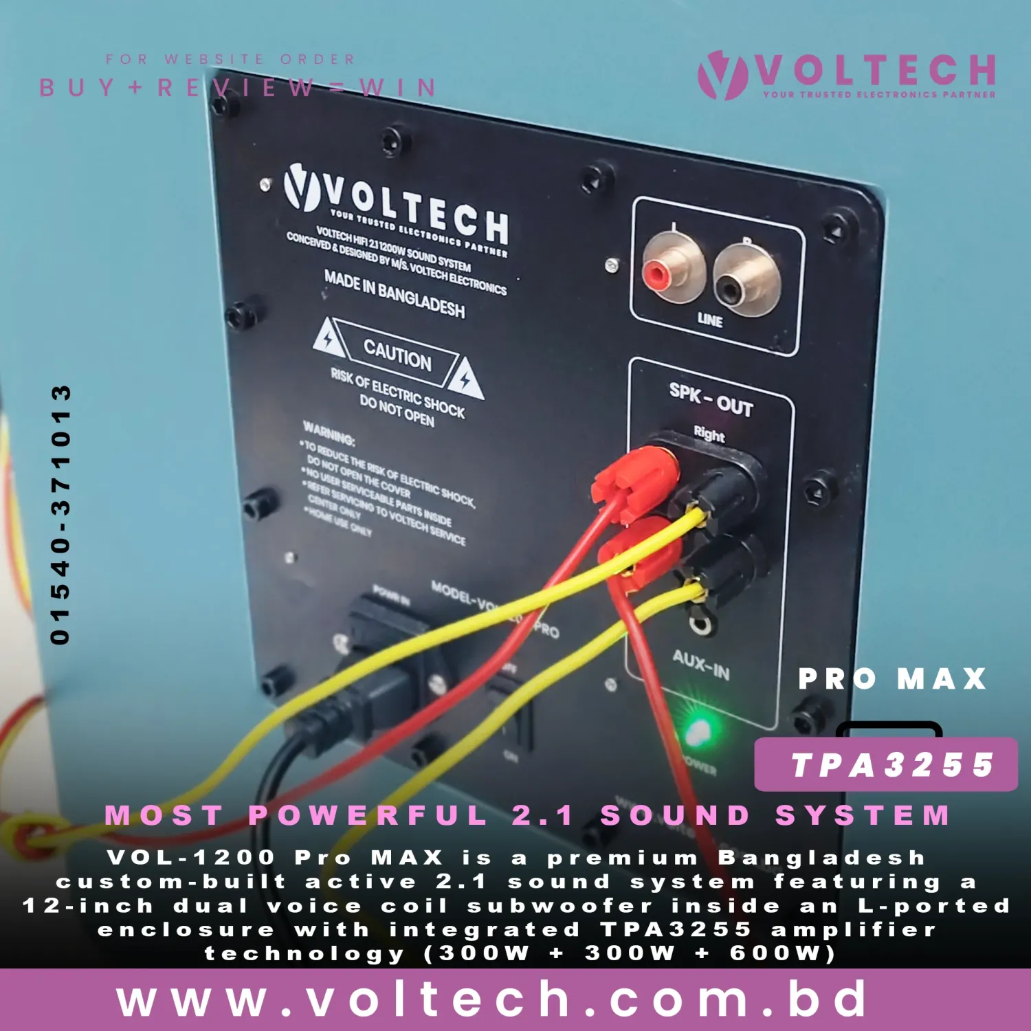 VOL-1200 Pro MAX | Custom Bangladesh 2.1 Active Ported Subwoofer System | 300W×2 Stereo + 600W Sub | TPA3255 + 48V 20A